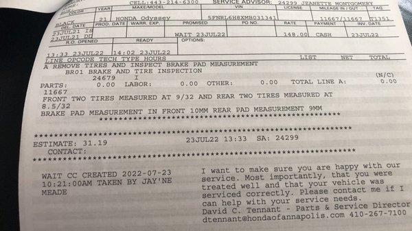 Honda of Annapolis' measurements in front of me