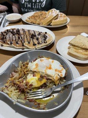 Chicken and Waffle, Chocolate Chip Pancakes, Meat Lovers Skillet