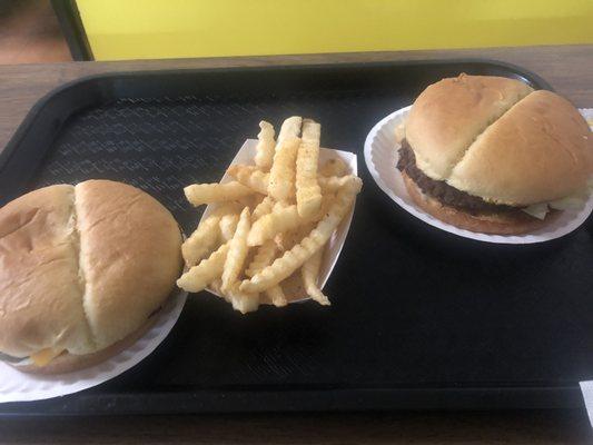 Two cheeseburgers and fries