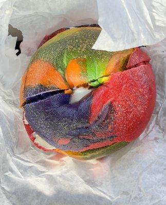 Rainbow bagel with cream cheese