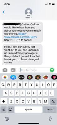 The odd text of them asking me to NOT complete their survey.