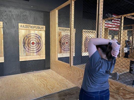 Bay 9, lanes are about 10ft long and there's plenty of space between throwers.