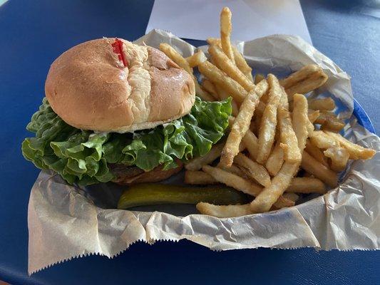 All American Burger with American cheese and fries.