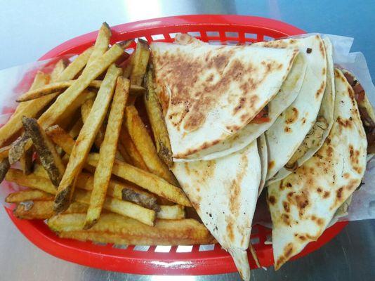 Quesadilla combo: Flower tortilla Served with cheese (Add Meat) with a side of Freshly Cut Fries