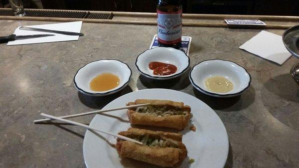 De-constructed egg roll 3 sauces duck saraita hot mustard....3.50..... nice