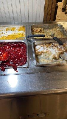 Apple crisp, cherry Cobbler, bread pudding. And sugar free peach cobbler.