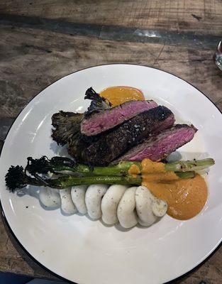 Steak with romesco, potatoes and charred broccolini was simple, cooked perfectly - simply delicious.