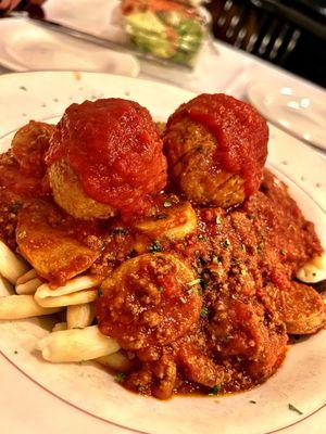 Cavatelli with meatballs and sausage in Bolognese sauce