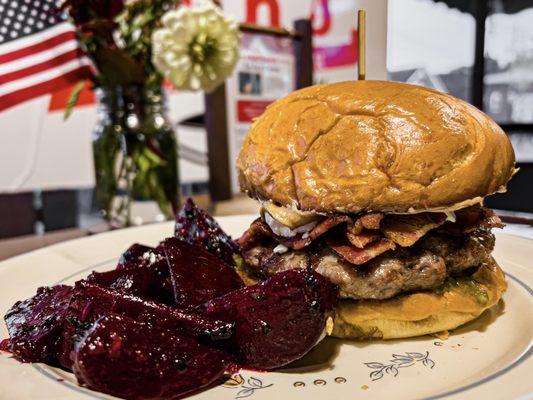 Peanut butter and jelly burger with sautéed beets