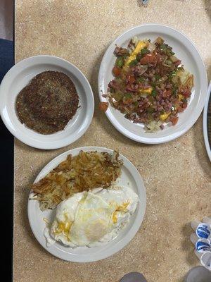 Country Biscuit Breakfast, Loaded Hashbrowns, and Side of Goetta