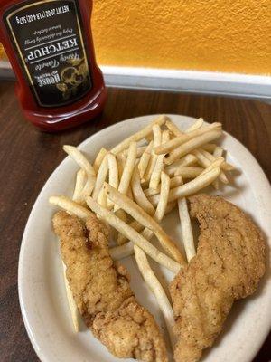 Chicken tenders and fries- my daughter asked for no toast nor gravy with hers.