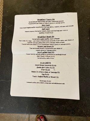 Breakfast menu