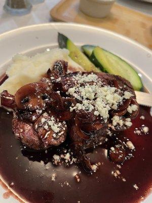 Steak Diane! Red wine reduction, mashed potatoes and veggies. Delish!