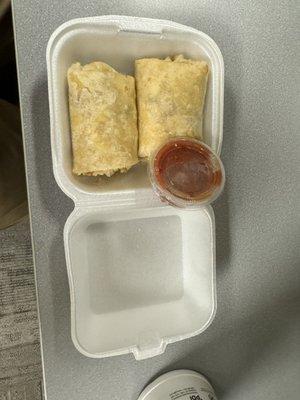 Tiny Breakfast burrito for $10.