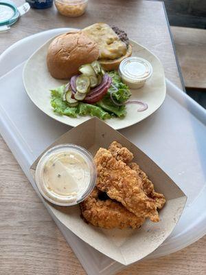 Cheeseburger ($11) and Chicken Tenders ($10.50)