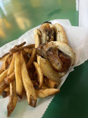 This is the maxwell polish sausage with house grilled onions