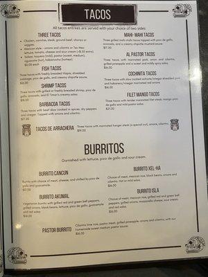 Tacos/burritos menu