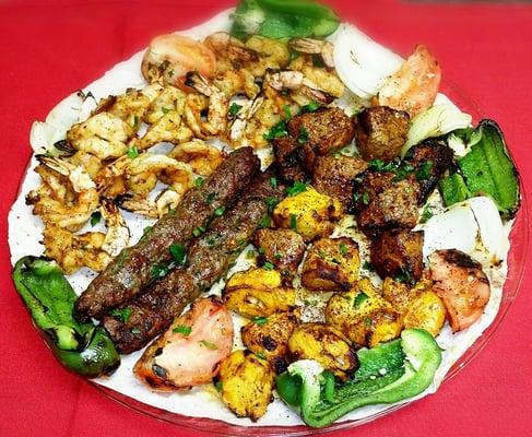 Meat Plate (Family Style) Kefka Kabab Chicken Kabab Shish Kabab Grilled Chicken Grilled Tomato and Green Pepper  Delicious ....