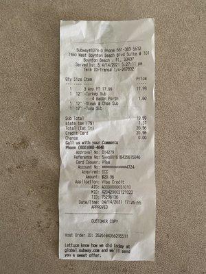 Receipt from Subway purchase of tainted food.