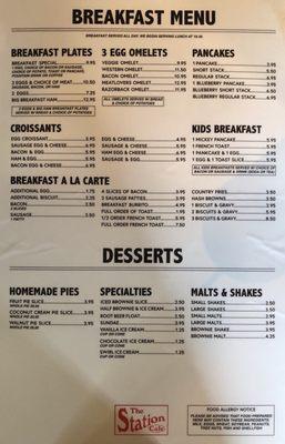 Breakfast and Dessert menu