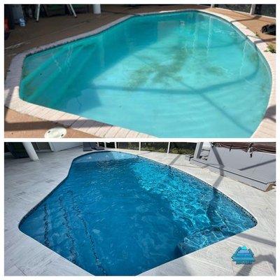 Before and after. Sandblasted marble deck, sunshelf with bubblers and Hawaiian blue finish.