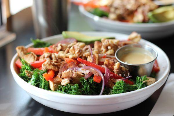 PowerUp Bowl ($14.50) - brown rice, kale, red pepper & onion, marinated tofu, walnuts, avocado & creamy maple-dijon drizzle