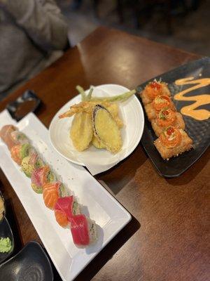 Rainbow Roll, Mixed Tempura, Spicy Tuna on Crispy Rice