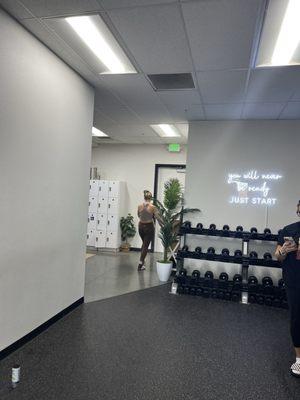 Weights and lockers and bathroom