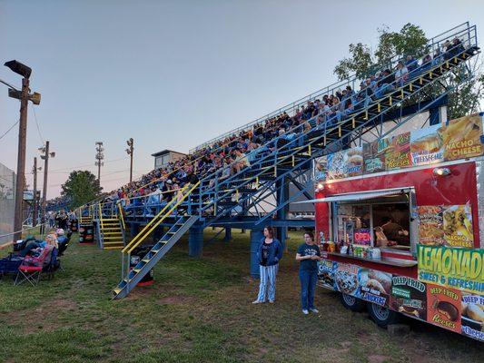 The tall, main grandstands at Wake County Speedway offer the best view of the whole race track.