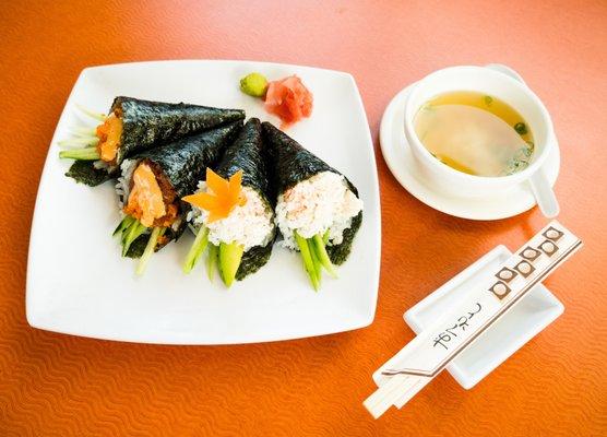 Sushi hand rolls and miso soup