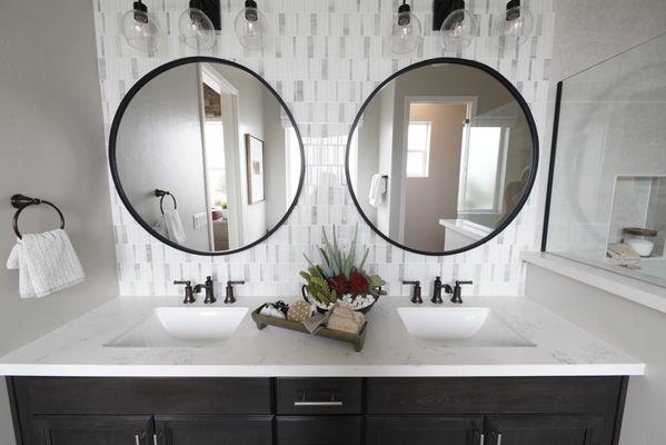 Quartz Double Sink Vanity with Full Tile Backsplash Bathroom