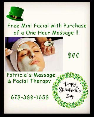 Free Mini Facial with Purchase of a One Hour Massage  !!