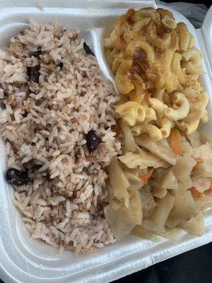 Rice and peas, mac, cabbage.