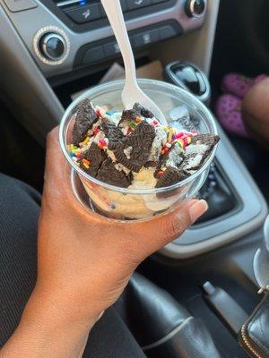 Two scoop vanilla Oreo and sprinkles