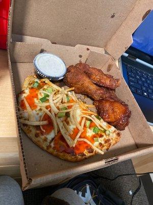 Crab Rangoon pizza , hot and honey wings, Cajun wings