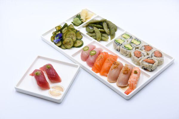 Yakumi+ Box - Big Eye Tuna, Yellowtail, Salmon, Albacore, Shrimp & choice of salad and 2 rolls