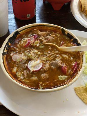 Pozole- the lettuce, onions and radishes come separately but I had already added them when I took the picture.