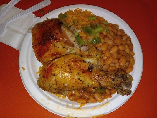 Flavorful Baked chicken, Yellow Rice and Beans.