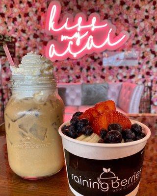 White mocha iced coffee with oat milk  It's raining berries acai bowl without coconut flakes