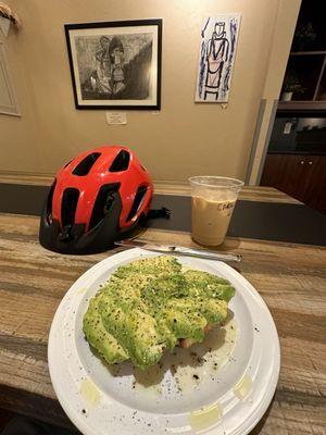 avocado toast (sub croissant), oat caramel latte