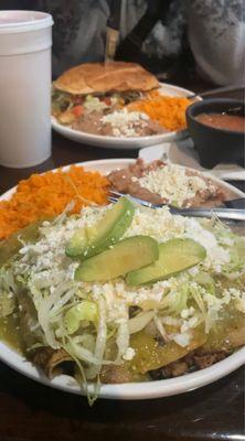 green enchiladas dinner and steak torta with rice and beans