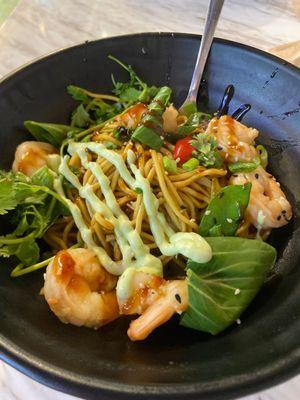 Lo mein with shrimp and wasabi mayo