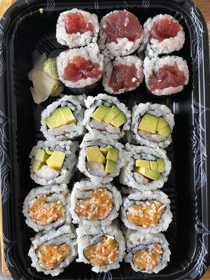 Any 3 Rolls Combo Lunch. Tuna roll, shrimp avocado roll, spicy kani roll. Pretty good.  Fresh ingredients. Rates 8/10