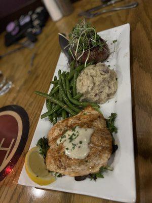 Salmon and steak, smashed potatoes and green beans