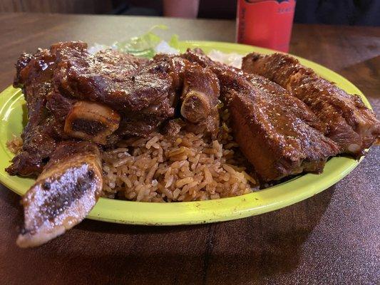 2 meat combo (pork & beef rib), egg rice, potato salad, & salad