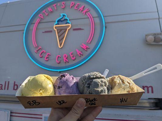 Flight of ice cream - butterbeer, ube Oreo, black sesame, honeycomb vanilla