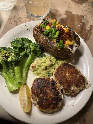 Crab cakes with loaded baked potato