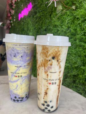 Taro cake cream milk tea (left), Creme brûlée milk tea (right)