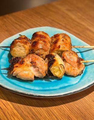 Kushiyaki - Chicken Thigh (front), Bacon Wrapped Enoki Mushrooms (back)