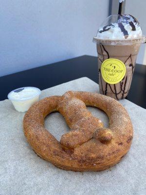 Cinnamon sugar pretzel with cream cheese frosting and Kona mocha frappe